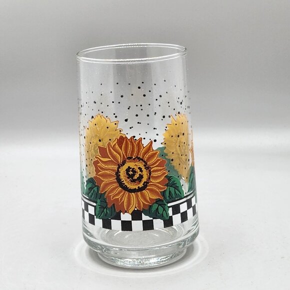 VTG Crisa Glassware Clear Drinking Glasses Set of 4 Sunflowers Checkerboard 12oz - Picture 2 of 6